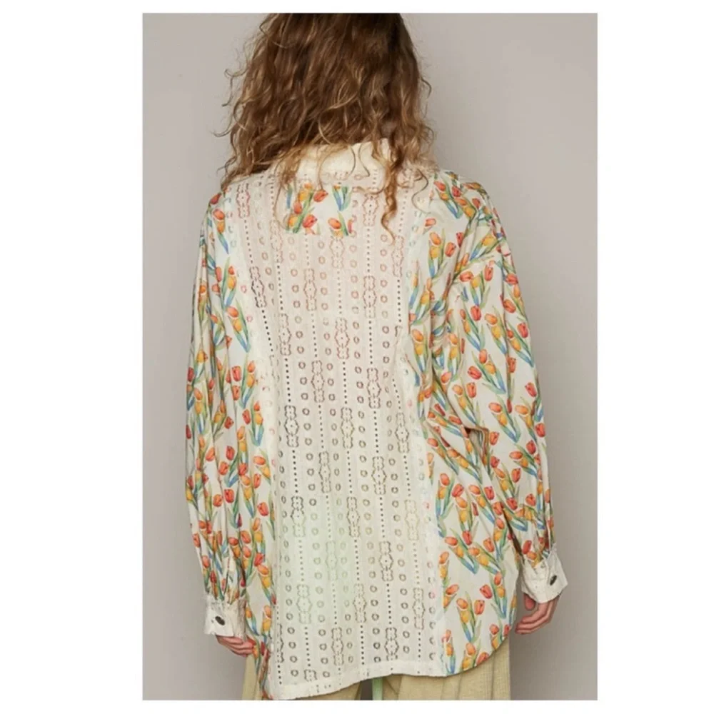 New Pol Floral And Lace Button Down Oversized Spring Top - Picture 4 of 4